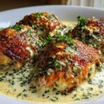 Four perfectly cooked, crispy-skinned chicken thighs swimming in a rich, creamy herb sauce.