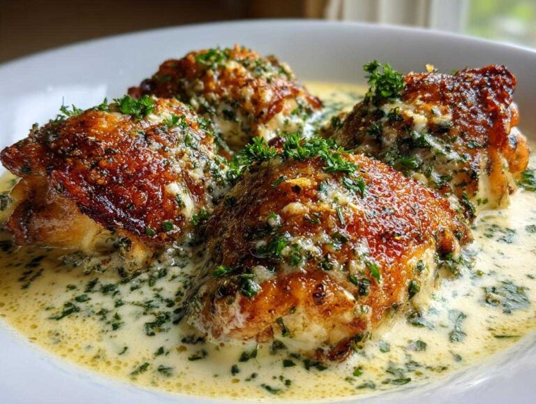 Four perfectly cooked, crispy-skinned chicken thighs swimming in a rich, creamy herb sauce.