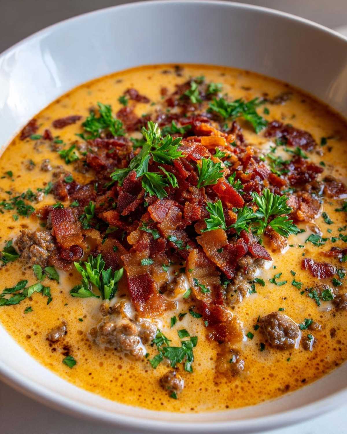 A close-up of a creamy, orange-hued Keto Cheeseburger Soup loaded with ground beef and topped generously with crispy bacon bits and fresh parsley.