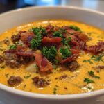 Close-up of a bowl of creamy, orange Keto Cheeseburger Soup loaded with ground beef, crispy bacon, and fresh parsley.