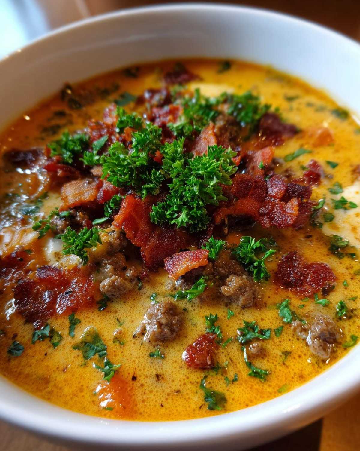 Close-up of a bowl of creamy Keto Cheeseburger Soup, loaded with ground beef, crispy bacon bits, and fresh parsley garnish.