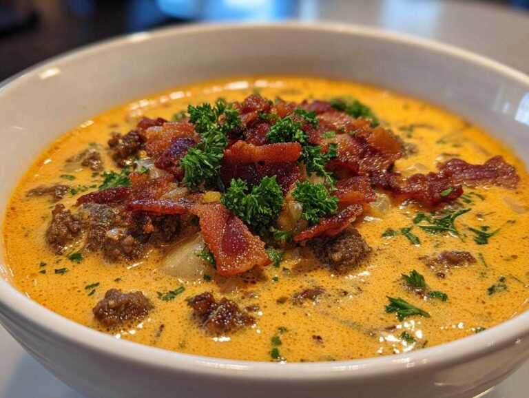 Amazing 5-Carb Keto Cheeseburger Soup Close-up of a bowl of creamy, orange Keto Cheeseburger Soup loaded with ground beef, crispy bacon, and fresh parsley.