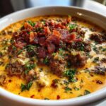 Close-up of a bowl of creamy Keto Cheeseburger Soup loaded with ground beef and topped with crispy bacon bits and fresh parsley.