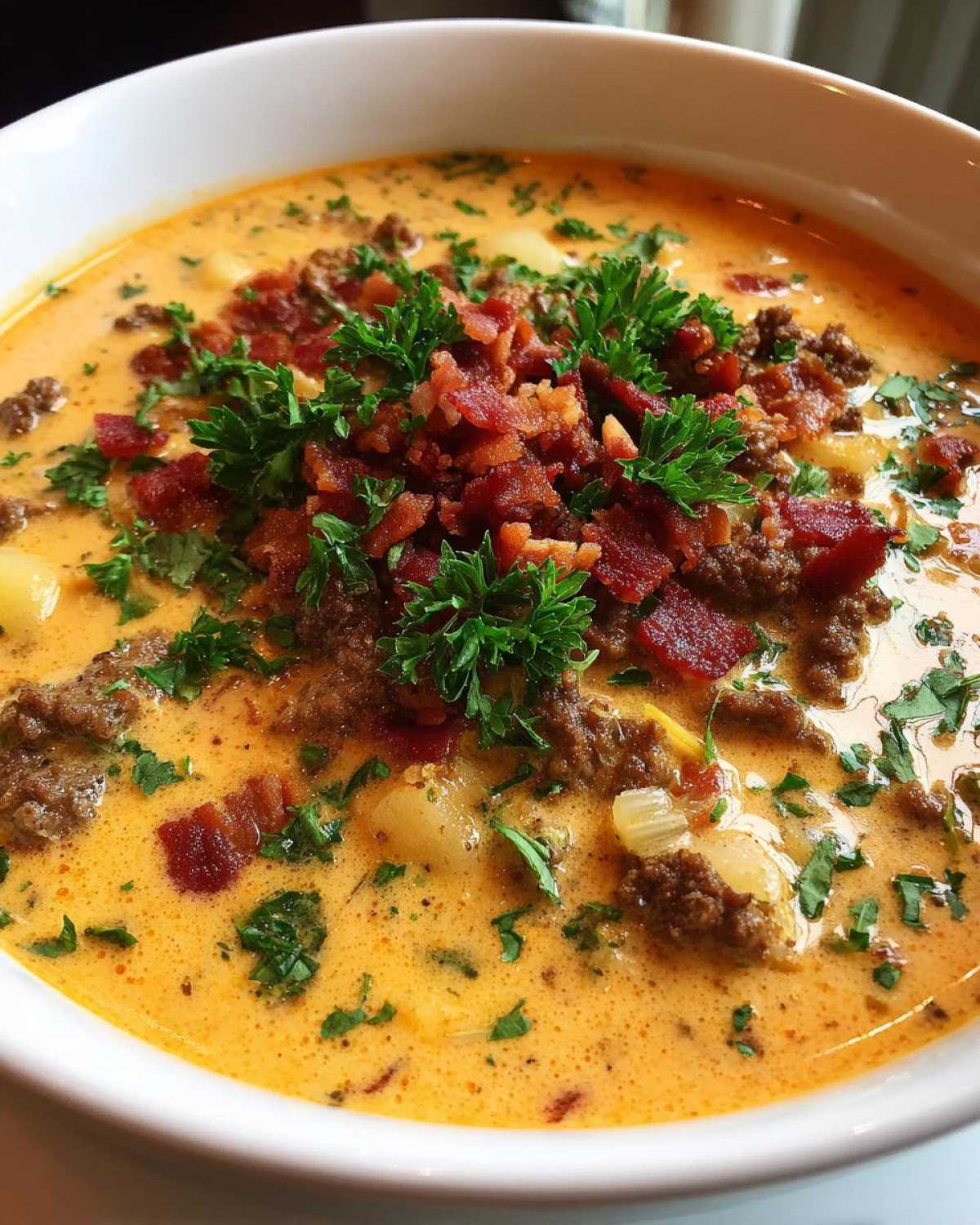 A close-up view of a bowl of creamy, orange Keto Cheeseburger Soup topped generously with ground beef, crispy bacon bits, and fresh parsley.