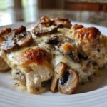 A close-up of a serving of keto garlic mushroom chicken casserole topped with melted, browned cheese and sliced mushrooms.
