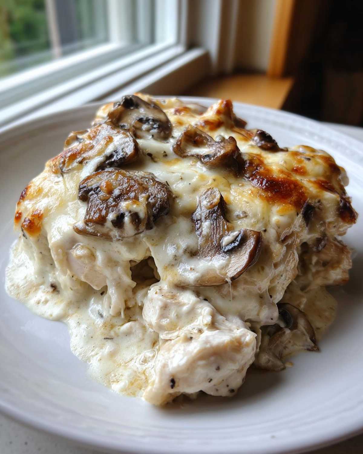 A close-up of a serving of keto garlic mushroom chicken casserole, topped with melted, browned cheese and sliced mushrooms.