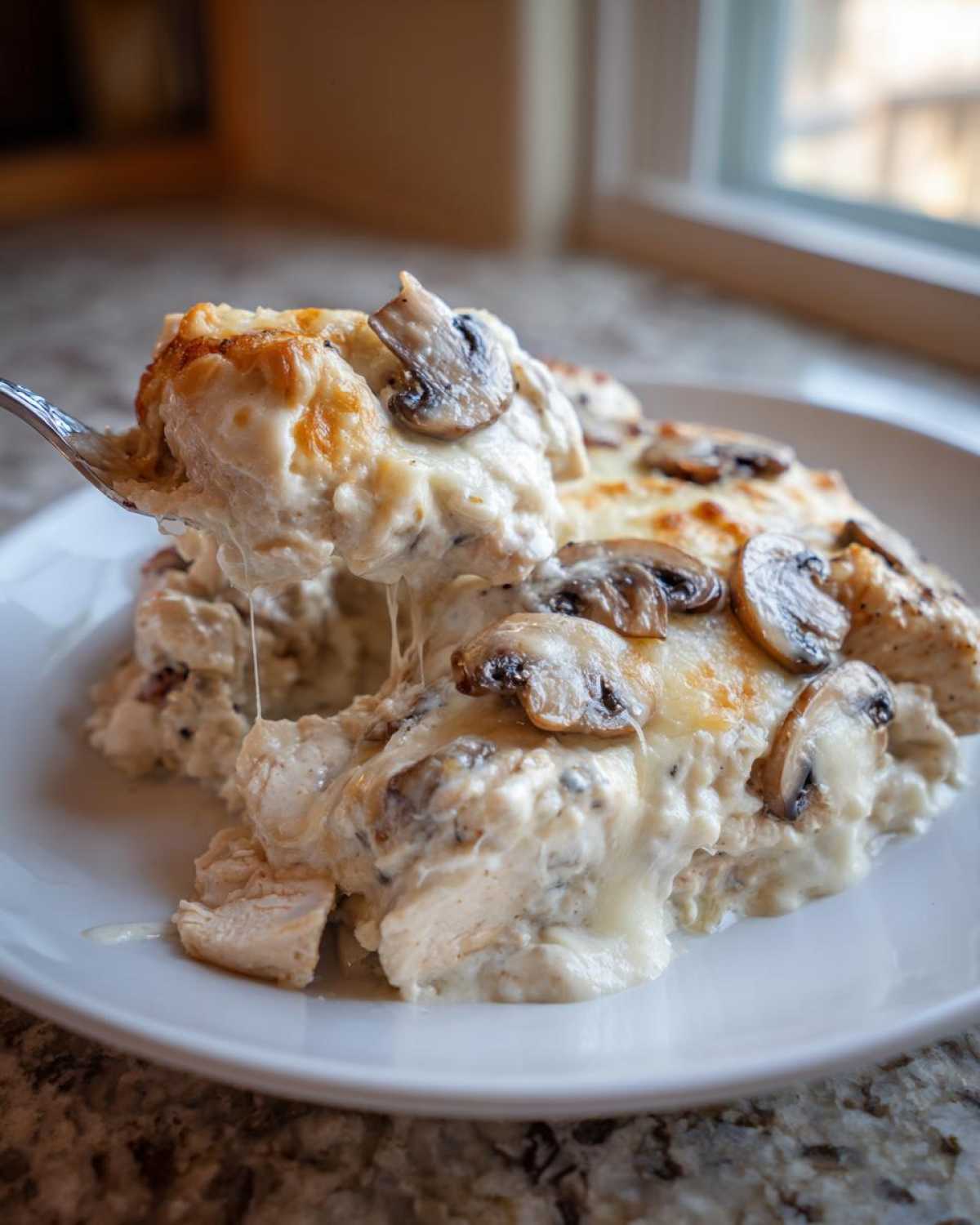 A serving spoon lifts a cheesy portion of keto garlic mushroom chicken casserole, showing gooey cheese pull.