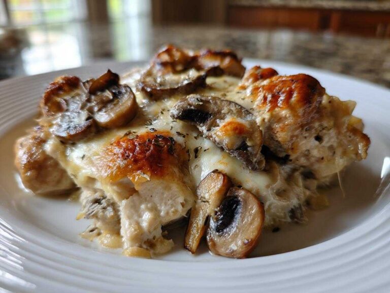 A close-up of a serving of keto garlic mushroom chicken casserole topped with melted, browned cheese and sliced mushrooms.
