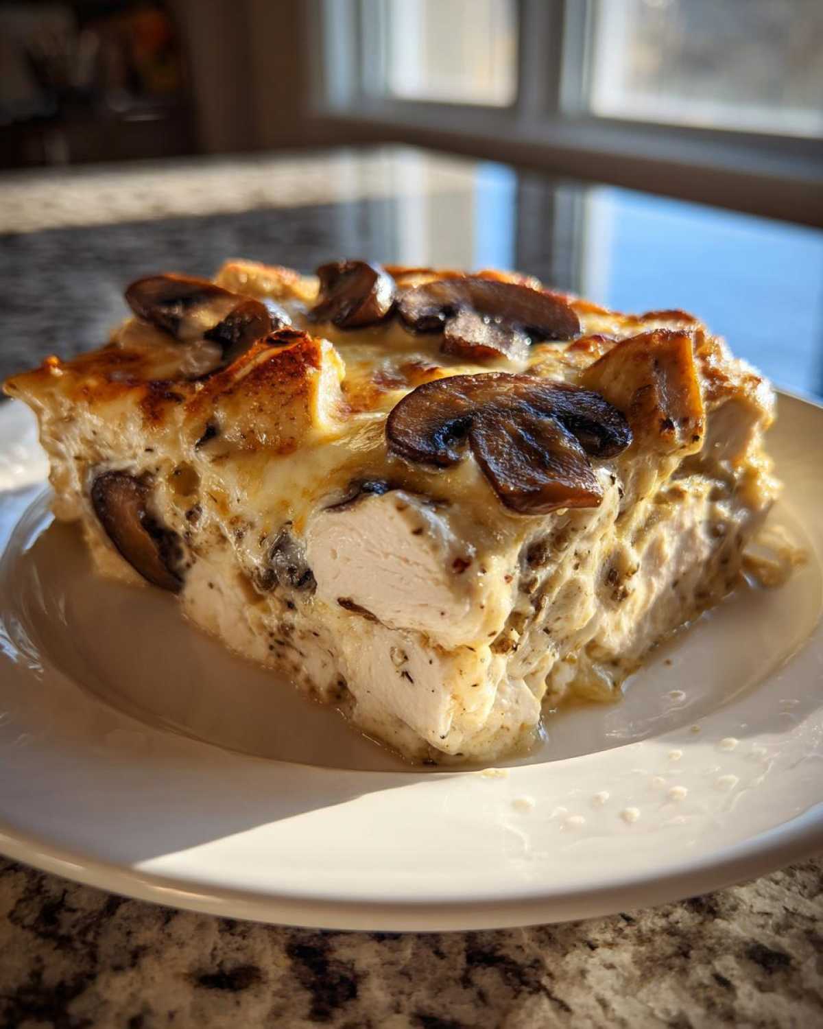 A thick slice of creamy keto garlic mushroom chicken casserole topped with browned mushrooms on a white plate.