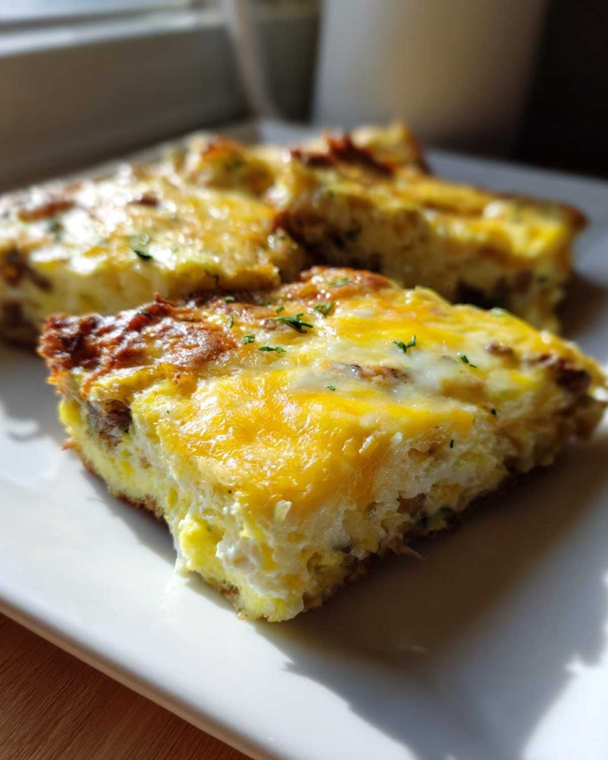 Close-up of a hearty slice of Keto squash casserole topped with melted cheddar cheese, served on a white plate.