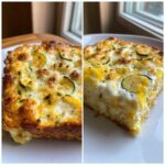 A close-up, split image showing a slice of rich Keto squash casserole with melted, browned cheese and zucchini rounds on top.