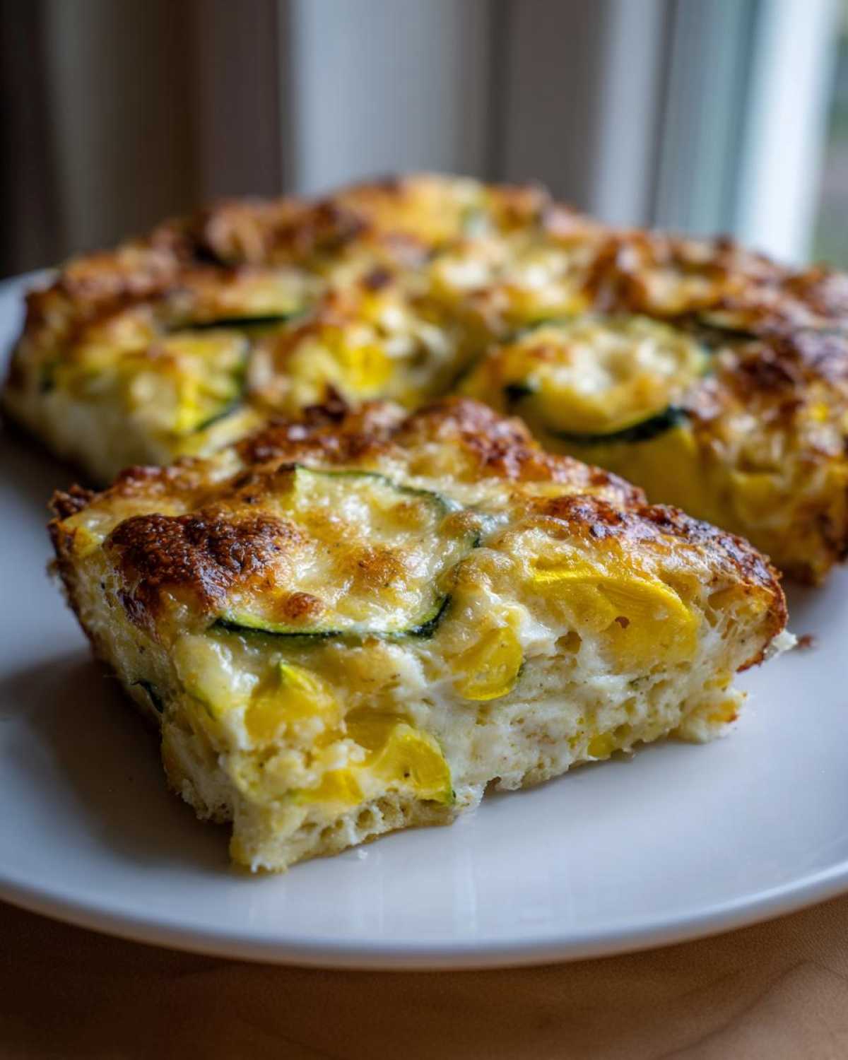 A slice of baked Keto squash casserole featuring yellow squash, zucchini, and a browned cheesy top, served on a white plate.