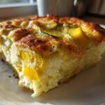 A close-up of a baked slice of Keto squash casserole featuring yellow squash chunks in a creamy, cheesy base with a browned top.