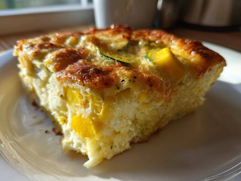 A close-up of a baked slice of Keto squash casserole featuring yellow squash chunks in a creamy, cheesy base with a browned top.