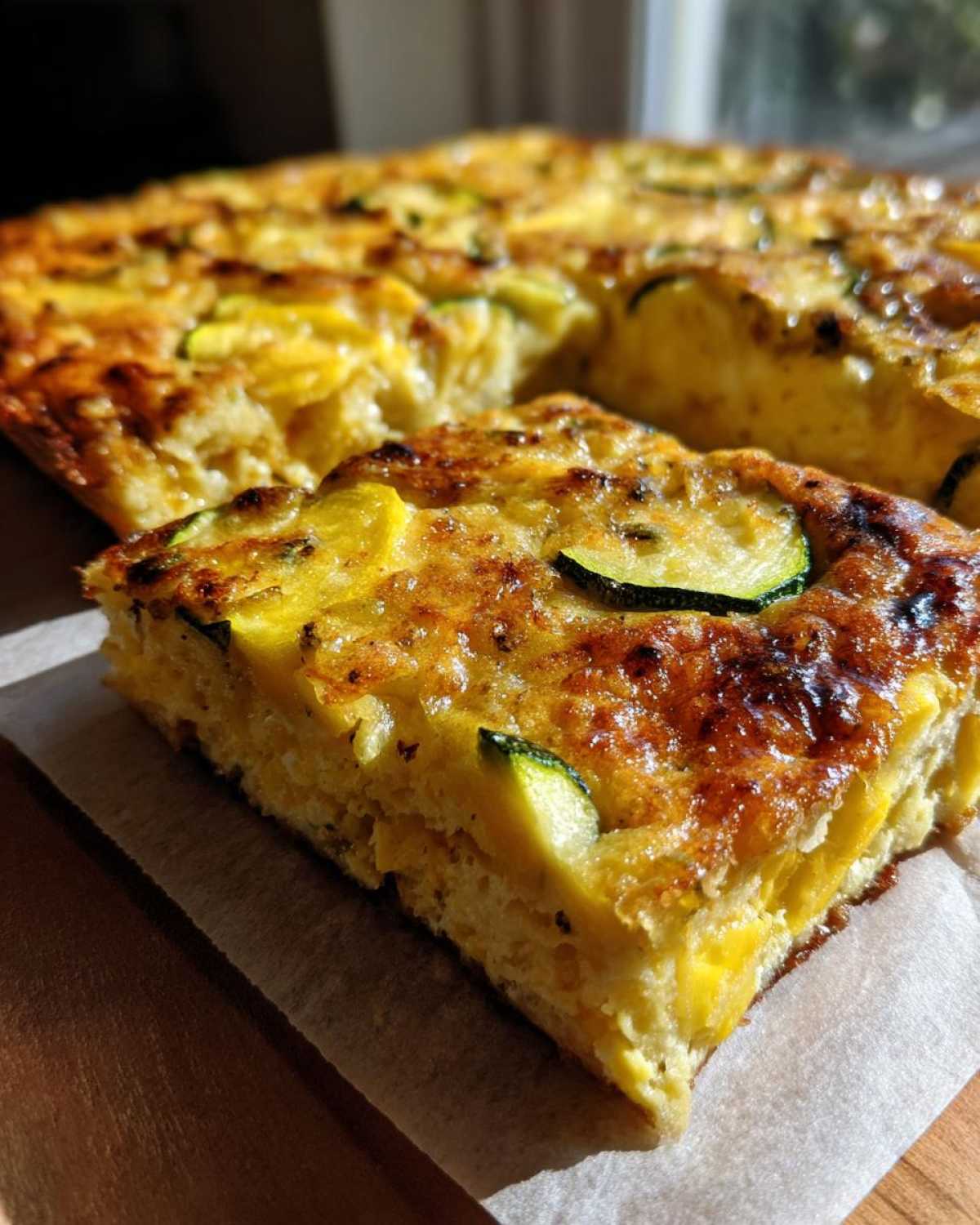 A close-up of a square slice of golden brown Keto squash casserole featuring visible zucchini pieces.