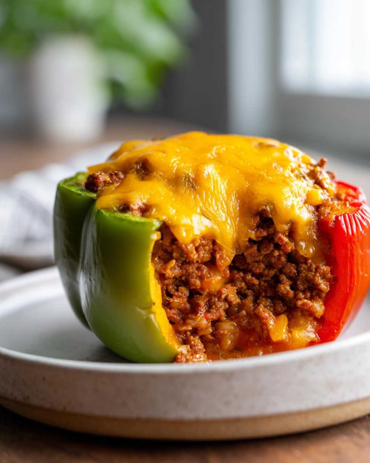 Close-up of one serving of Keto Stuffed Bell Peppers, filled with seasoned ground meat and topped with melted cheddar cheese.
