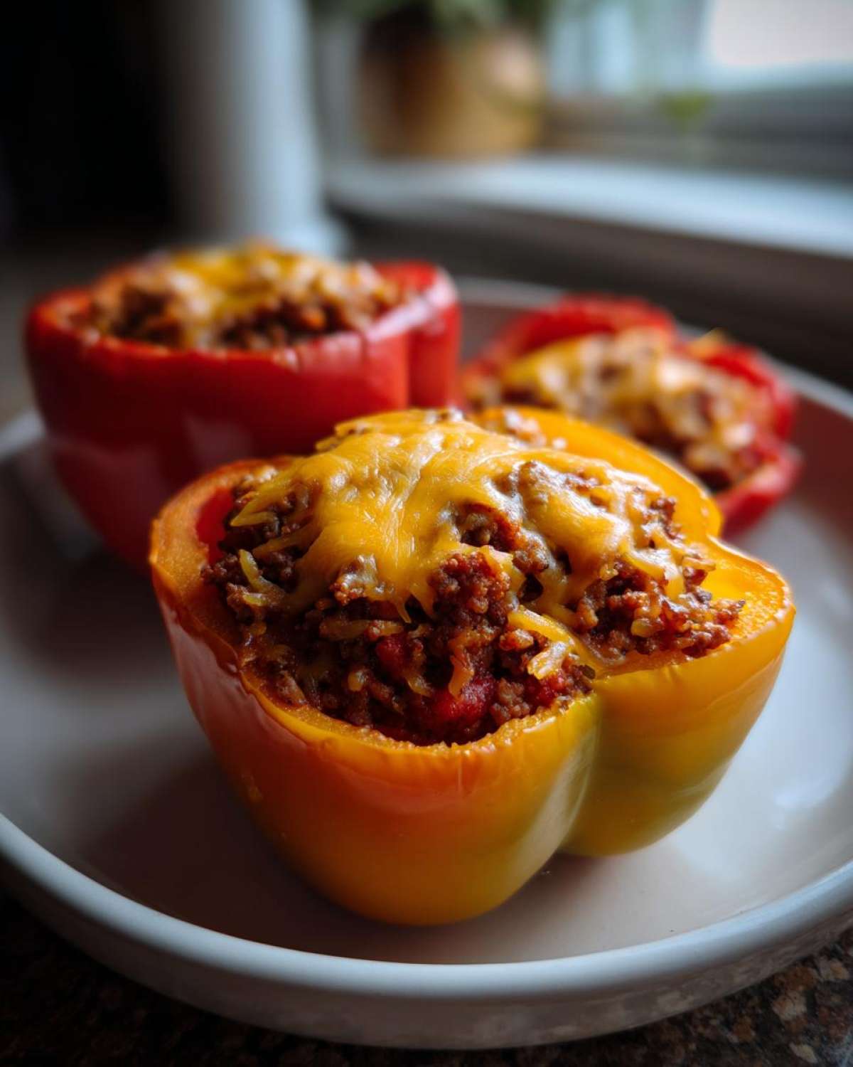 Close-up of a yellow Keto Stuffed Bell Pepper filled with seasoned ground meat and topped with melted cheddar cheese.