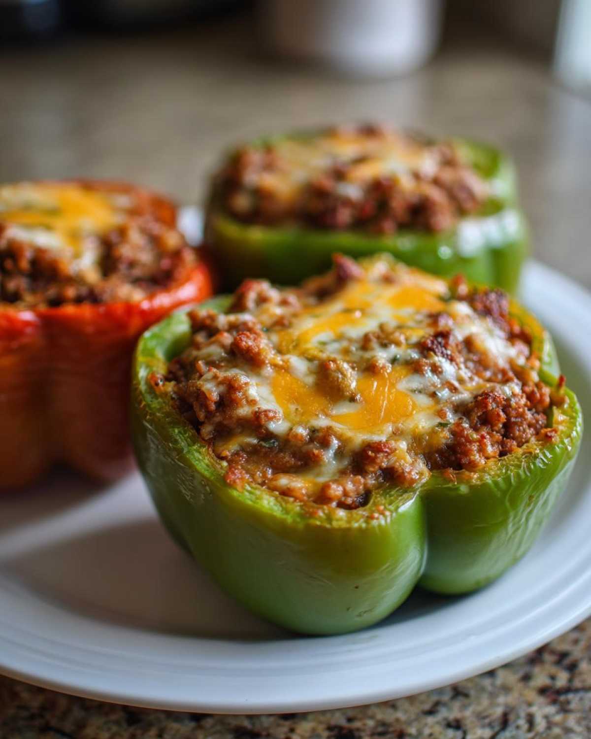Close-up of three baked Keto Stuffed Bell Peppers, filled with meat and topped with melted cheese, served on a white plate.