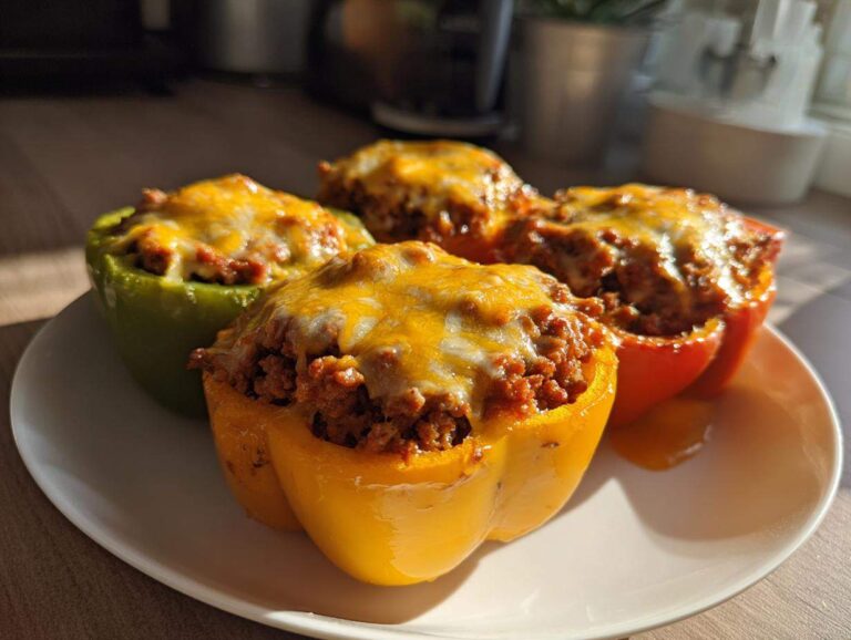 Four colorful Keto Stuffed Bell Peppers filled with ground meat mixture and topped with melted cheddar cheese, served on a white plate.