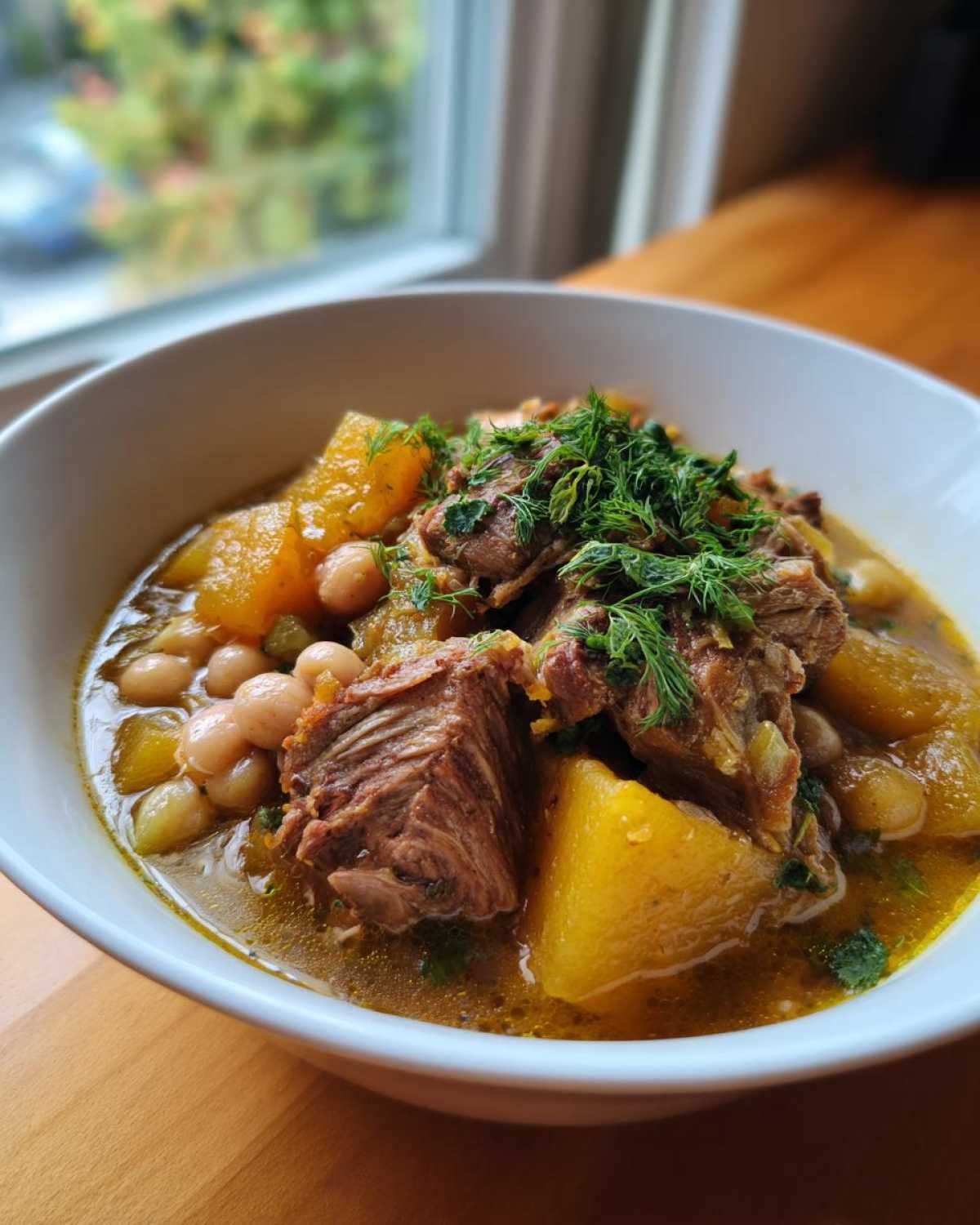 A close-up of a bowl of Khoresh-e Rivas stew featuring tender chunks of meat, yellow squash or rhubarb pieces, white beans, and fresh dill garnish.
