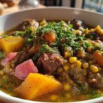 A close-up, bright photo of a serving of Khoresh-e Rivas, featuring chunks of meat, yellow split peas, orange squash, and pink rhubarb, topped with fresh dill.