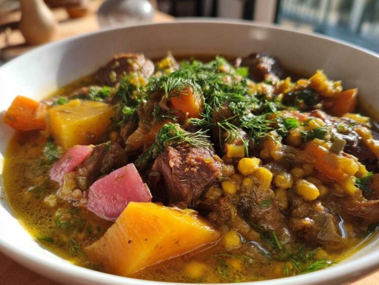 A close-up, bright photo of a serving of Khoresh-e Rivas, featuring chunks of meat, yellow split peas, orange squash, and pink rhubarb, topped with fresh dill.