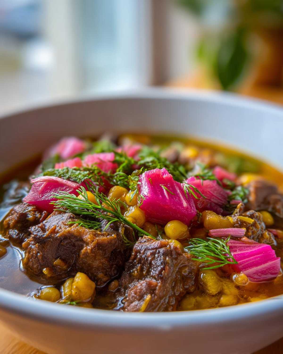 A close-up bowl of Khoresh-e Rivas stew featuring tender meat chunks, chickpeas, and bright pink pickled rhubarb pieces topped with fresh dill.