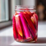 Close-up of vibrant pink and red stalks of Lacto-Fermented Rhubarb Pickles with Ginger packed tightly in a clear glass jar.