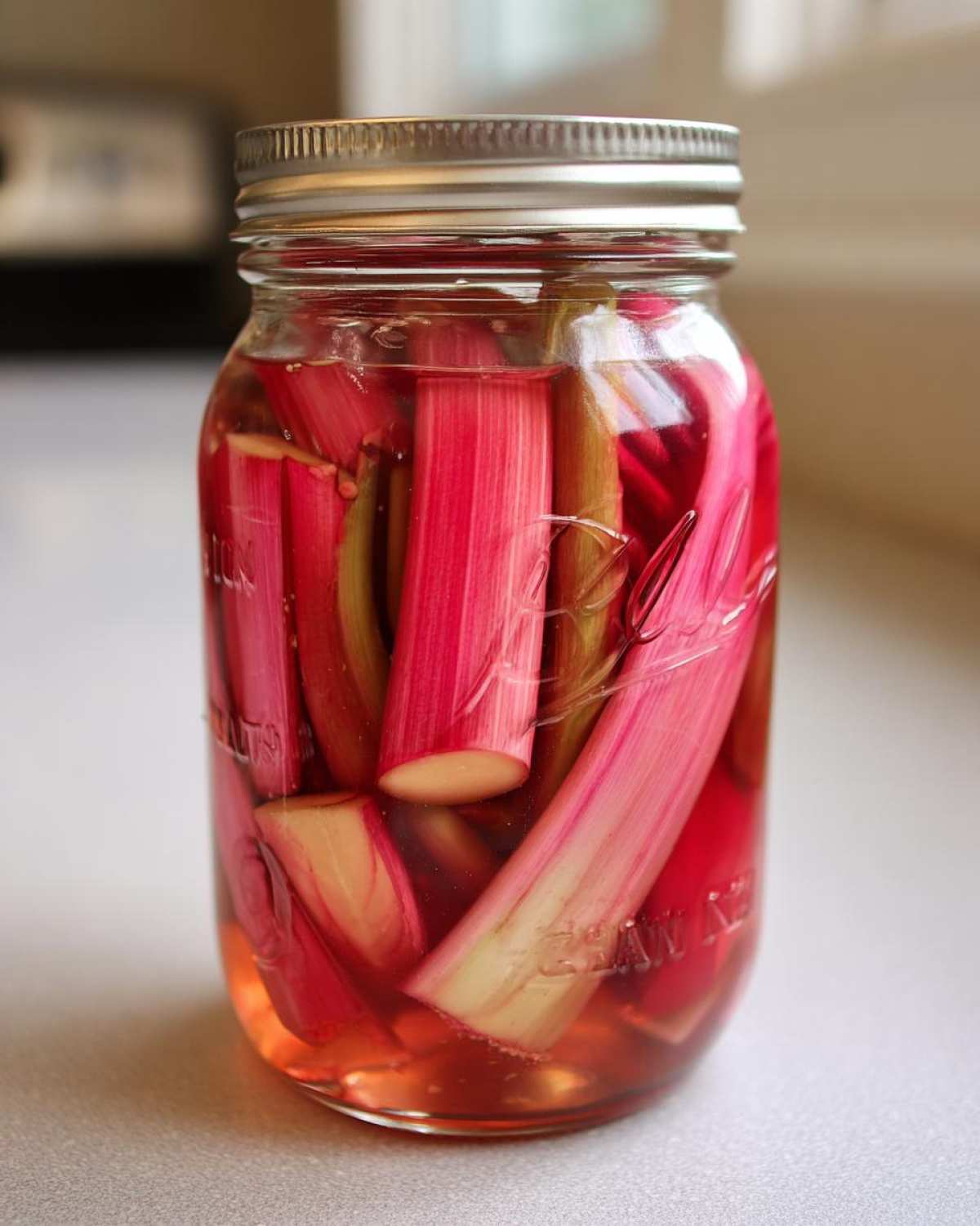 Close-up of bright pink rhubarb stalks packed tightly in a glass mason jar for lacto-fermented rhubarb pickles with ginger.