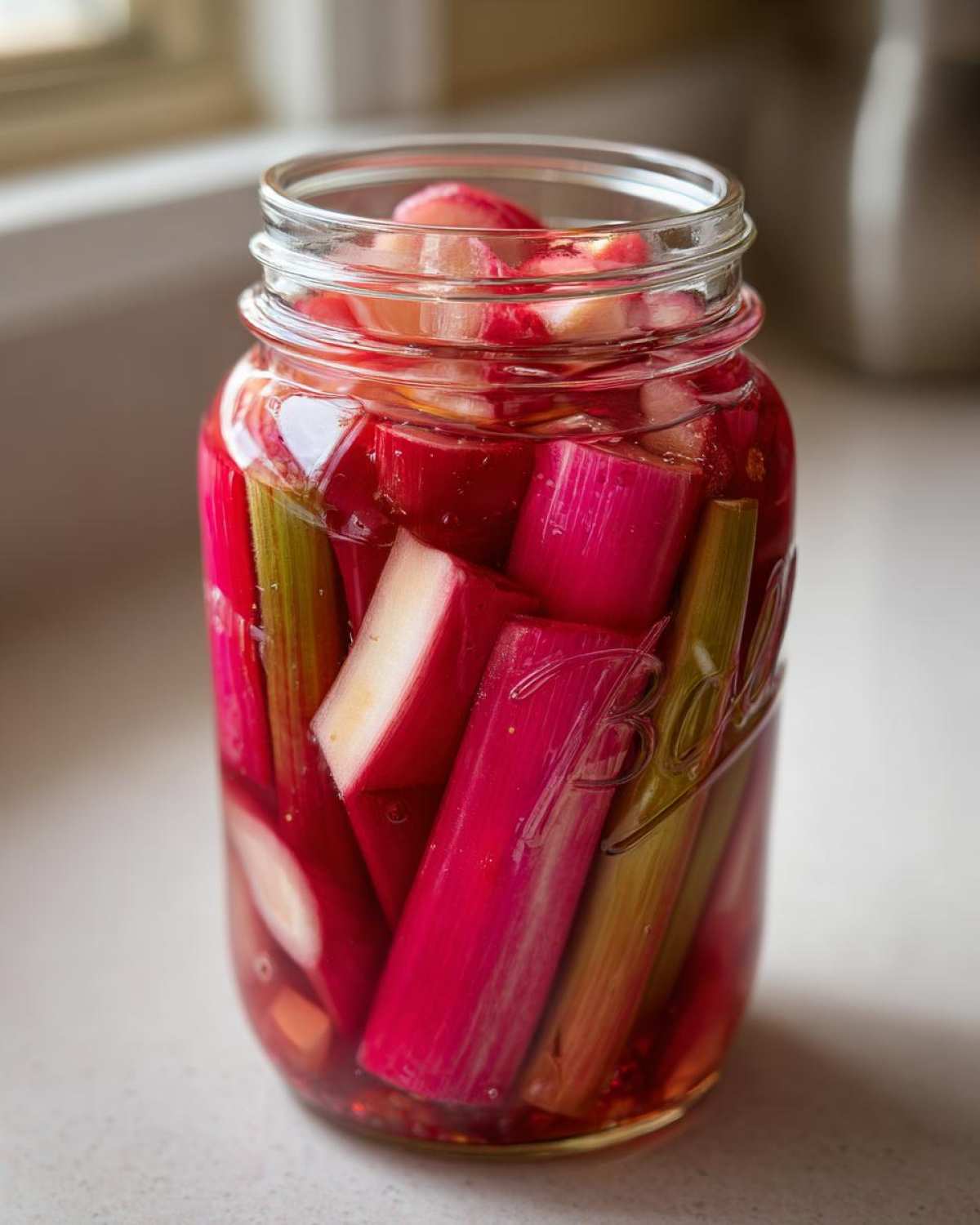 Close-up of bright pink and green rhubarb stalks being lacto-fermented in a Ball mason jar.