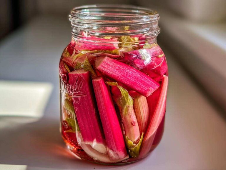 Close-up of bright pink rhubarb stalks packed tightly in a Ball jar for Lacto-Fermented Rhubarb Pickles with Ginger.