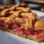 Close-up of a slice of Lattice Rhubarb Snitter showing the bright pink rhubarb filling and golden lattice crust.