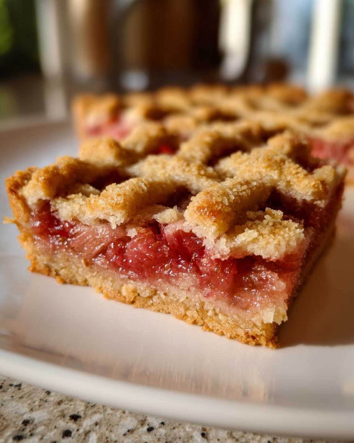 A close-up, cross-section view of a square Lattice Rhubarb Snitter slice showing the thick, bright red rhubarb filling and crumbly lattice top.
