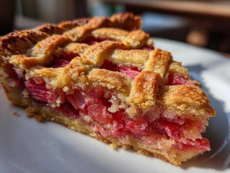 3 Amazing Lattice Rhubarb Snitter Secrets Close-up of a slice of Lattice Rhubarb Snitter showing the bright pink rhubarb filling and golden lattice crust.