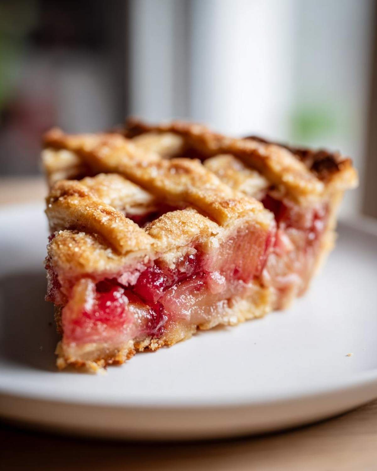 Close-up of a slice of Lattice Rhubarb Snitter showing the flaky, sugared lattice top and bright pink rhubarb filling.