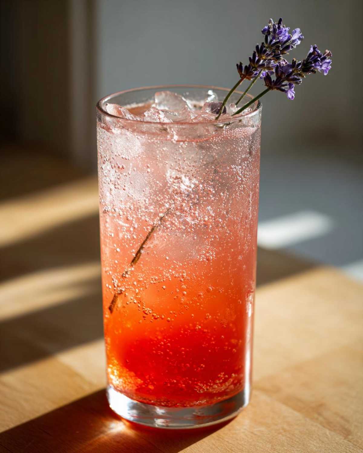 A tall glass filled with a vibrant, bubbly pink Lavender Rhubarb Spritzer (Zero-Proof), garnished with fresh lavender sprigs.