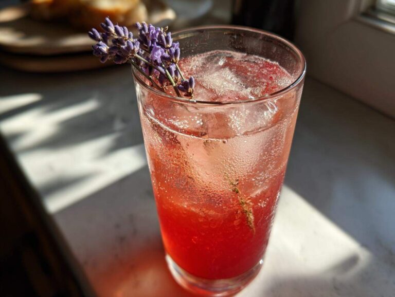 A refreshing, cold Lavender Rhubarb Spritzer garnished with fresh lavender sprigs, sitting in sunlight.