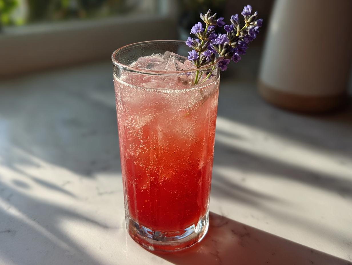 A tall glass filled with a fizzy, bright red Lavender Rhubarb Spritzer (Zero-Proof) garnished with fresh lavender.
