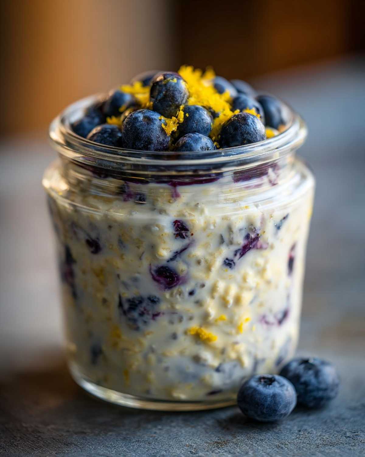 Close-up of Lemon Blueberry Overnight Oats topped with fresh blueberries and lemon zest in a glass jar.