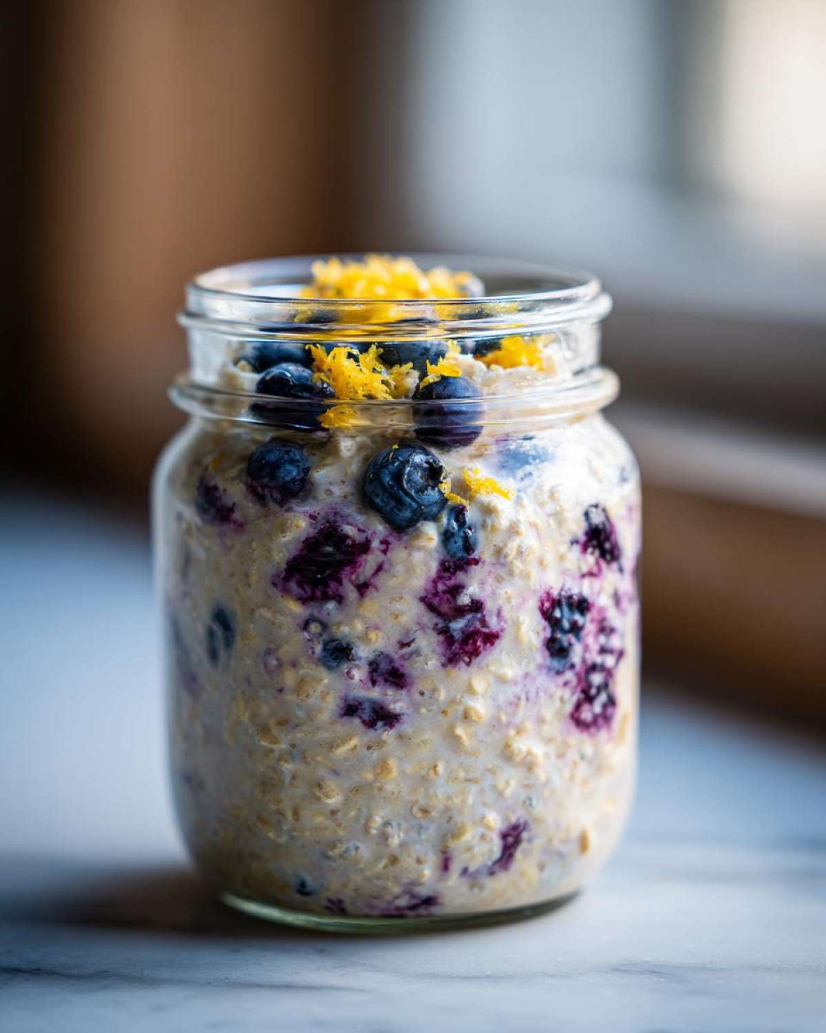 Close-up of Lemon Blueberry Overnight Oats layered with fresh blueberries and lemon zest in a glass jar.