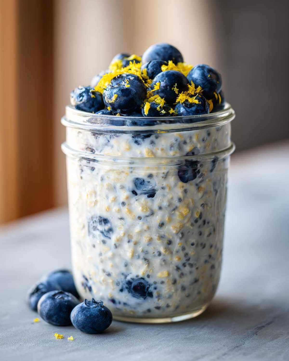 Close-up of Lemon Blueberry Overnight Oats topped with fresh blueberries and bright yellow lemon zest in a glass jar.