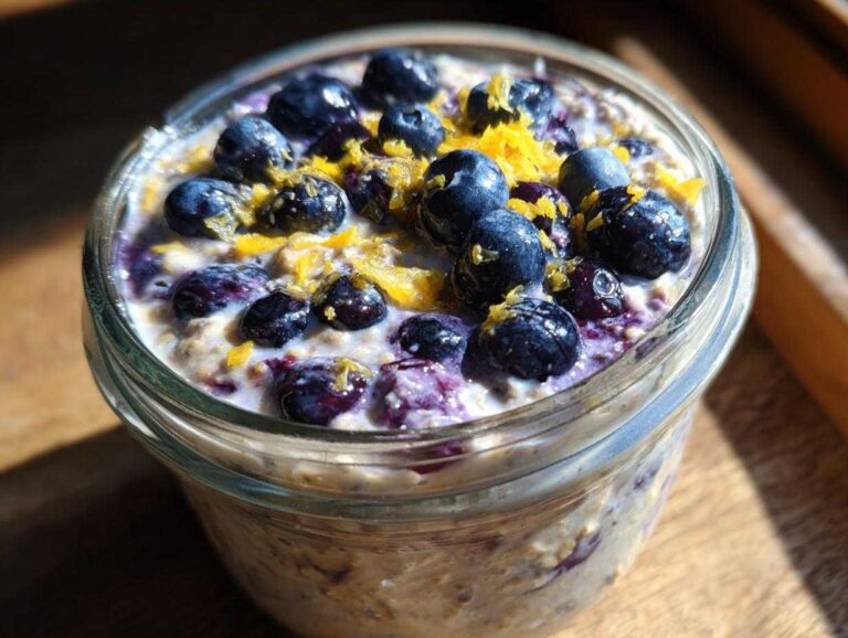 Close-up of a glass jar filled with Lemon Blueberry Overnight Oats, topped with fresh blueberries and bright yellow lemon zest.