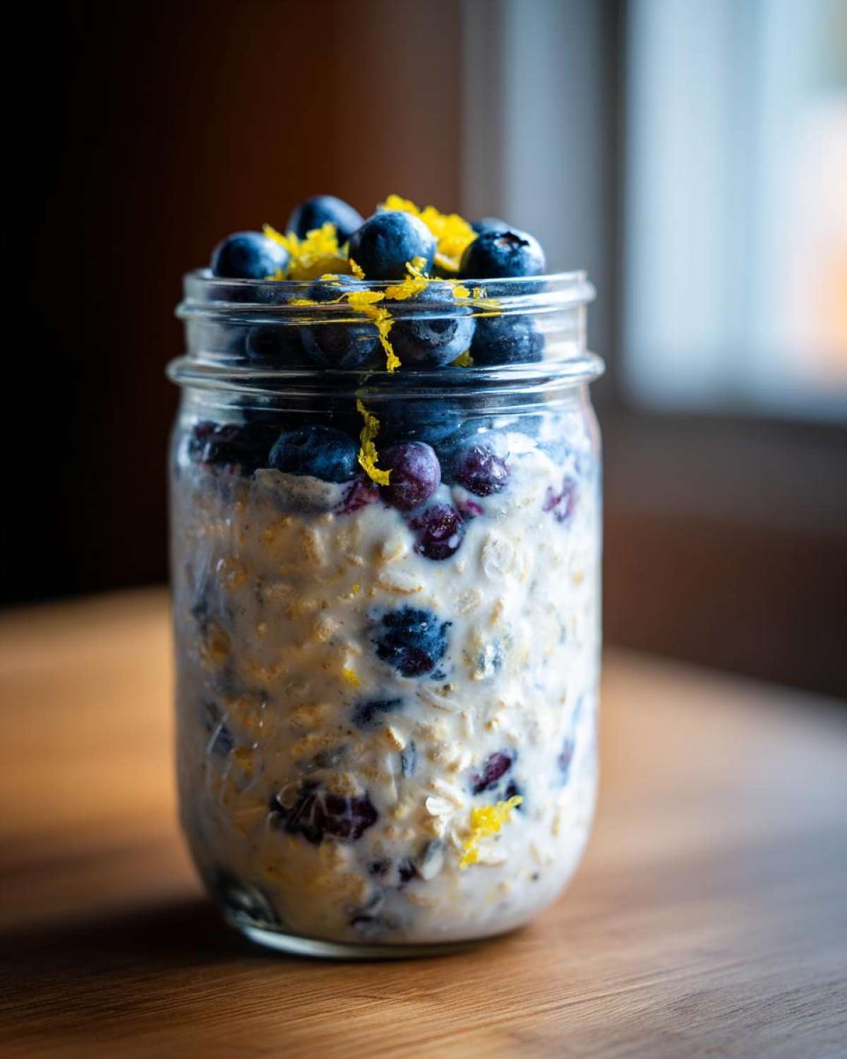 Close-up of Lemon Bluebery Overnight Oats layered in a mason jar, topped with fresh blueberries and lemon zest.