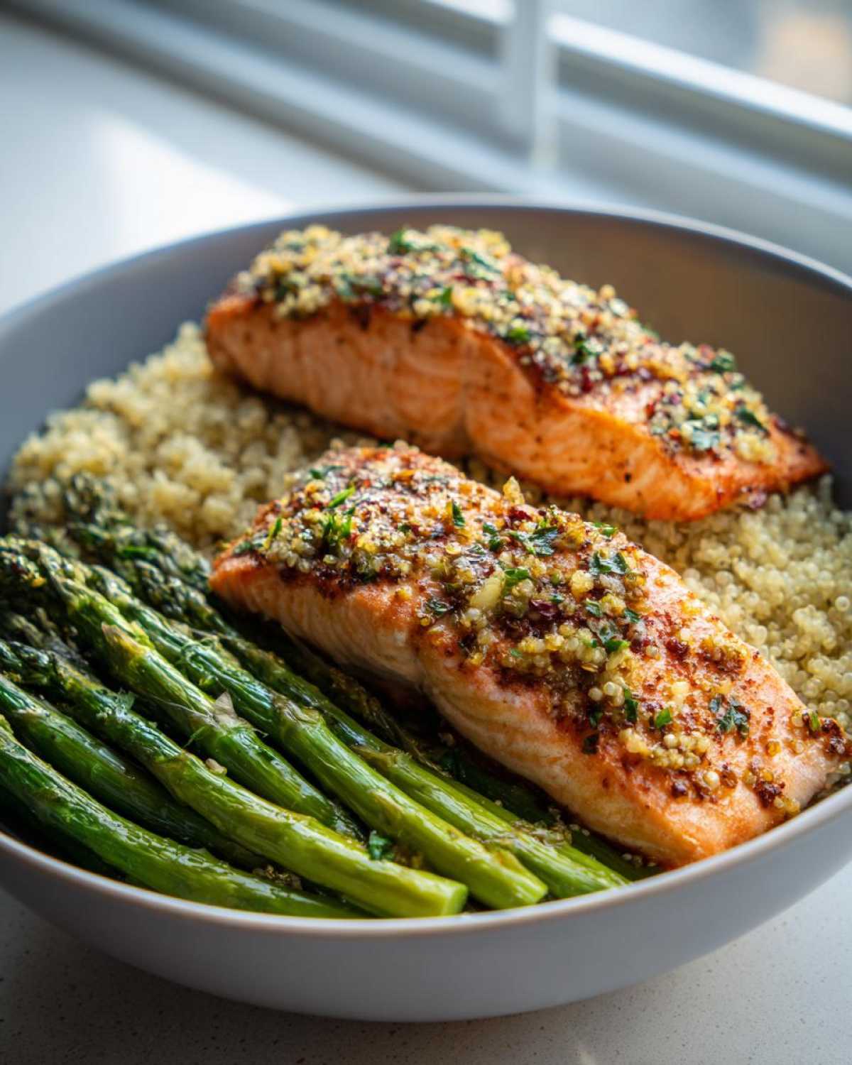 Close-up of a bowl featuring two fillets of Lemon Herb Roasted Salmon & Asparagus Bowls served over quinoa.