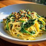 Close-up of Lemon Ricotta Pasta with Spinach, coated in creamy sauce and topped with toasted pine nuts.