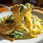 A fork lifts creamy Lemon Ricotta Pasta with Spinach from a white plate, showing rich sauce coating the noodles.