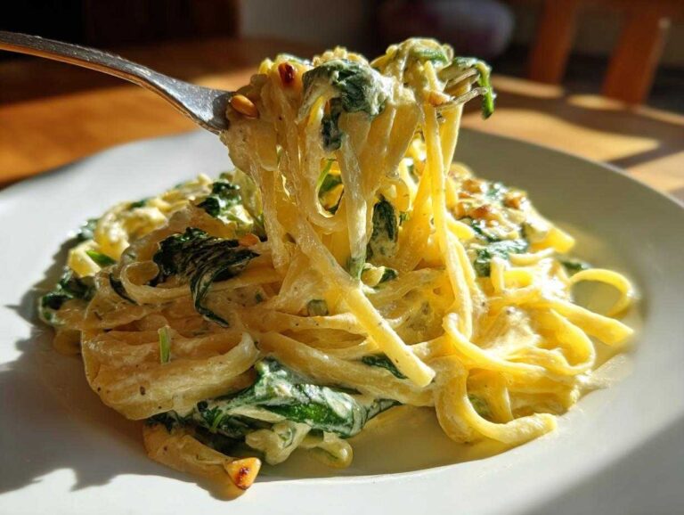 A fork lifts creamy Lemon Ricotta Pasta with Spinach from a white plate, showing rich sauce coating the noodles.