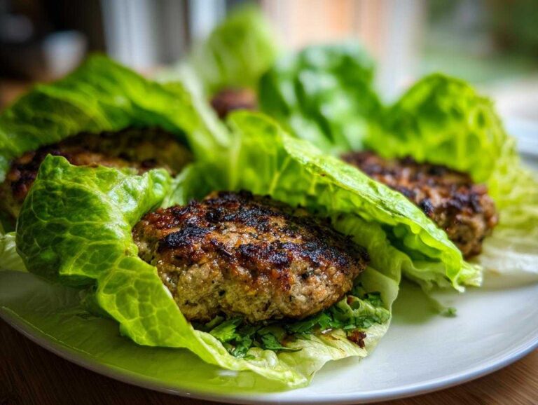 Close-up of three grilled Lettuce Wrap Turkey Burgers served in crisp green lettuce cups on a white plate.