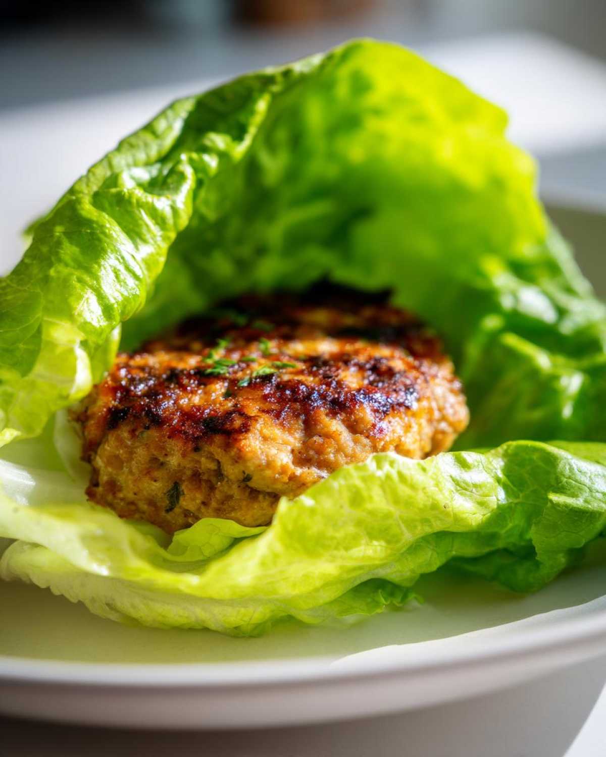 Close-up of a perfectly grilled Lettuce Wrap Turkey Burgers patty nestled inside crisp green lettuce leaves.