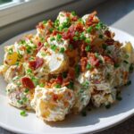 A mound of creamy Loaded Baked Potato Salad topped generously with crispy bacon bits and fresh green chives.